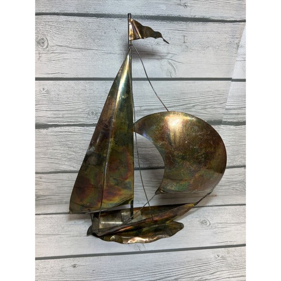 Vintage Brass SAILBOAT Base BRUTALIST MCM Sculpture 12” - Picture 1 of 10